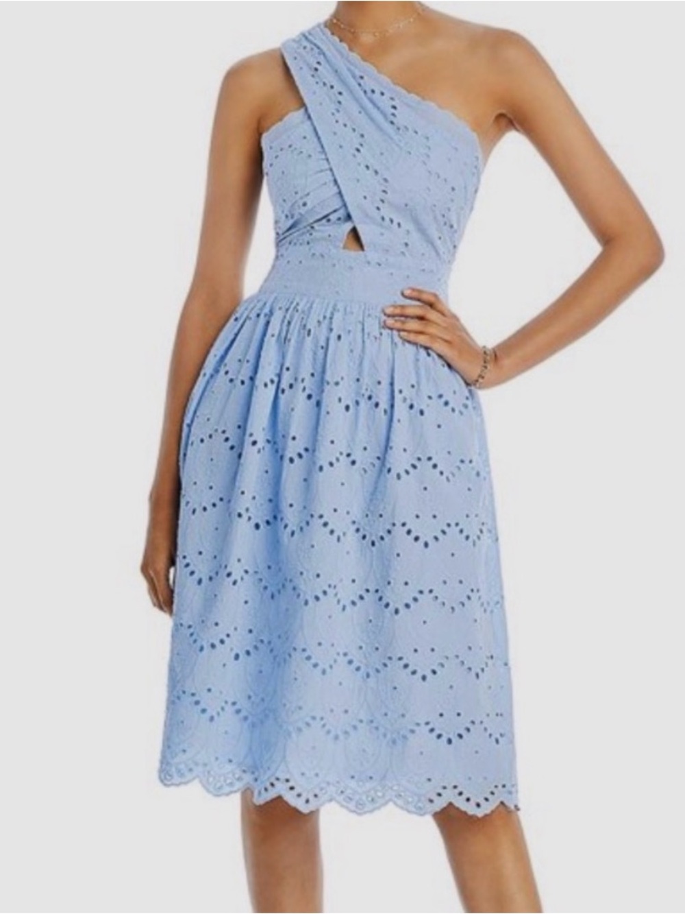French Connection Light Blue One-Shoulder Eyelet Midi Dress